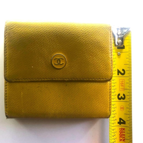 💛 Chanel Wallet Coco Button Double Snap Yellow Leather Compact Trifold Vintage - Picture 15 of 15